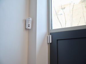 Camerabeveiliging en deurbeveiliging zijn geïnstalleerd bij de voordeur in een woning.
